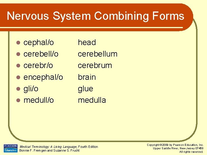 Nervous System Combining Forms l l l cephal/o cerebell/o cerebr/o encephal/o gli/o medull/o head