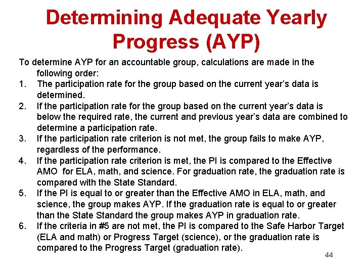 Determining Adequate Yearly Progress (AYP) To determine AYP for an accountable group, calculations are