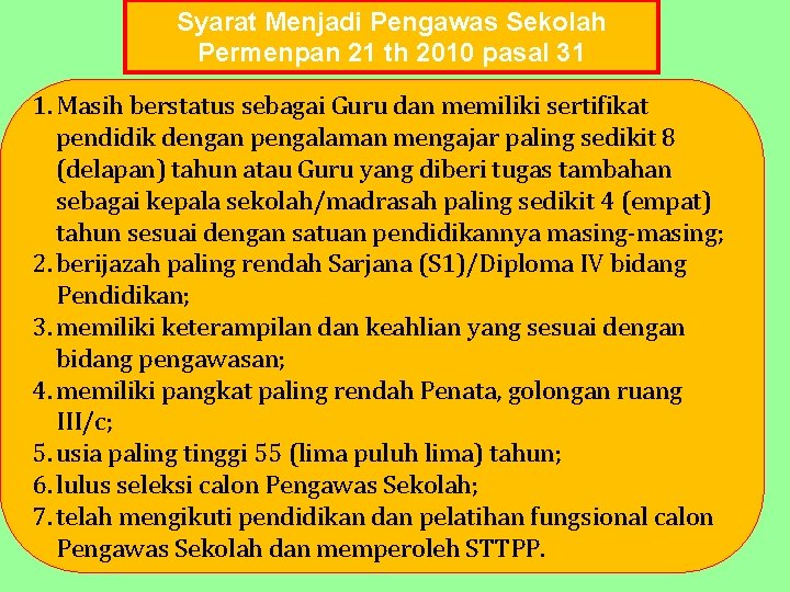 Syarat Menjadi Pengawas Sekolah Permenpan 21 th 2010 pasal 31 1. Masih berstatus sebagai