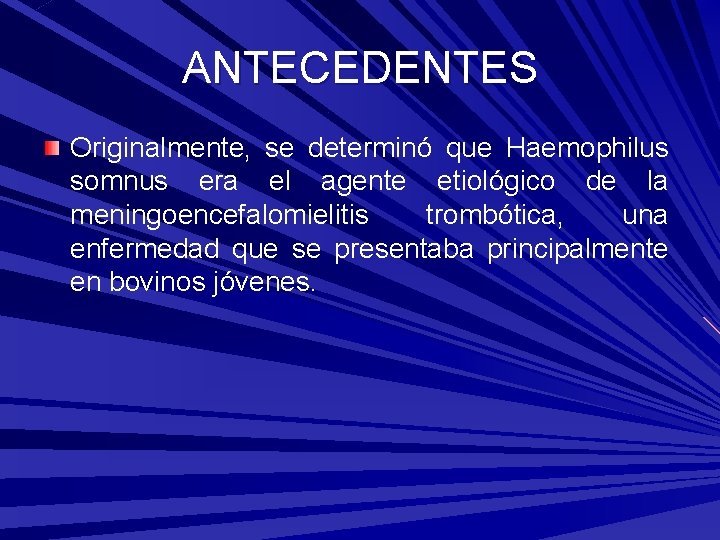 ANTECEDENTES Originalmente, se determinó que Haemophilus somnus era el agente etiológico de la meningoencefalomielitis