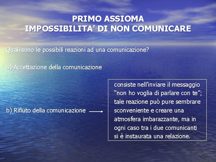 PRIMO ASSIOMA IMPOSSIBILITA’ DI NON COMUNICARE Quali sono le possibili reazioni ad una comunicazione?