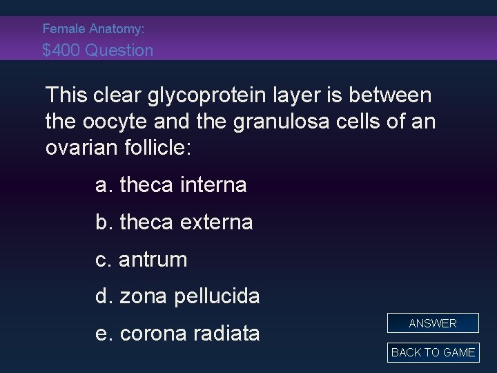 Female Anatomy: $400 Question This clear glycoprotein layer is between the oocyte and the