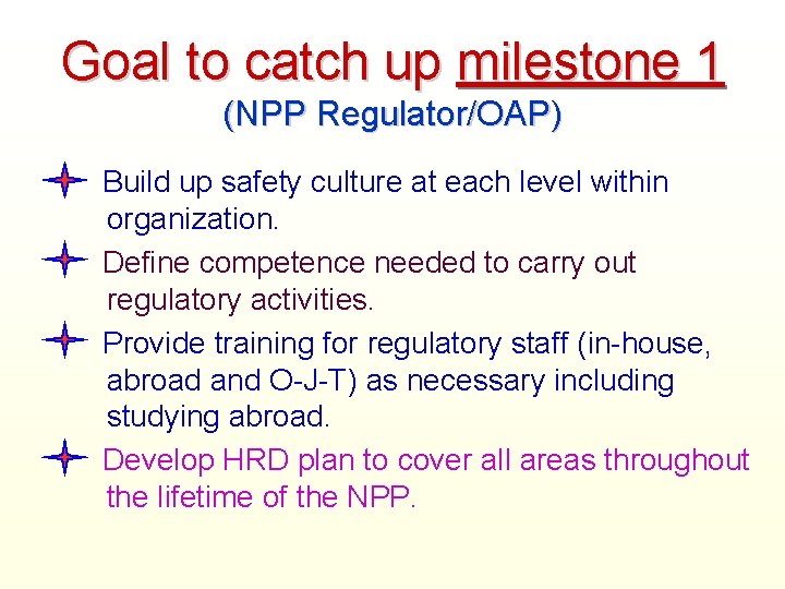 Goal to catch up milestone 1 (NPP Regulator/OAP) Build up safety culture at each