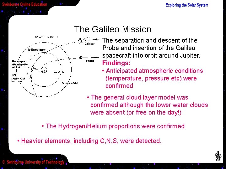 The Galileo Mission The separation and descent of the Probe and insertion of the