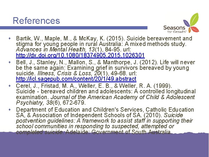 References Bartik, W. , Maple, M. , & Mc. Kay, K. (2015). Suicide bereavement