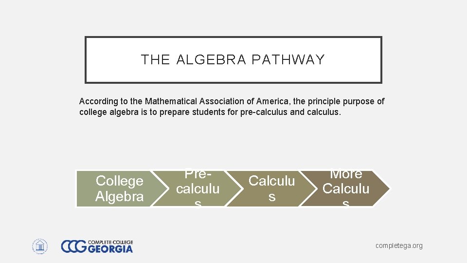 THE ALGEBRA PATHWAY According to the Mathematical Association of America, the principle purpose of THE ALGEBRA PATHWAY According to the Mathematical Association of America, the principle purpose of