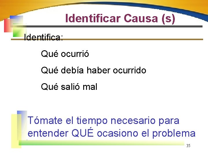 Identificar Causa (s) Identifica: Qué ocurrió Qué debía haber ocurrido Qué salió mal Tómate