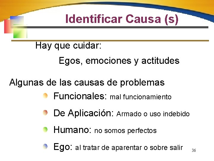 Identificar Causa (s) Hay que cuidar: Egos, emociones y actitudes Algunas de las causas