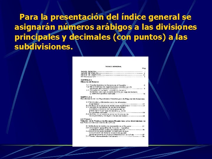  Para la presentación del índice general se asignarán números arábigos a las divisiones