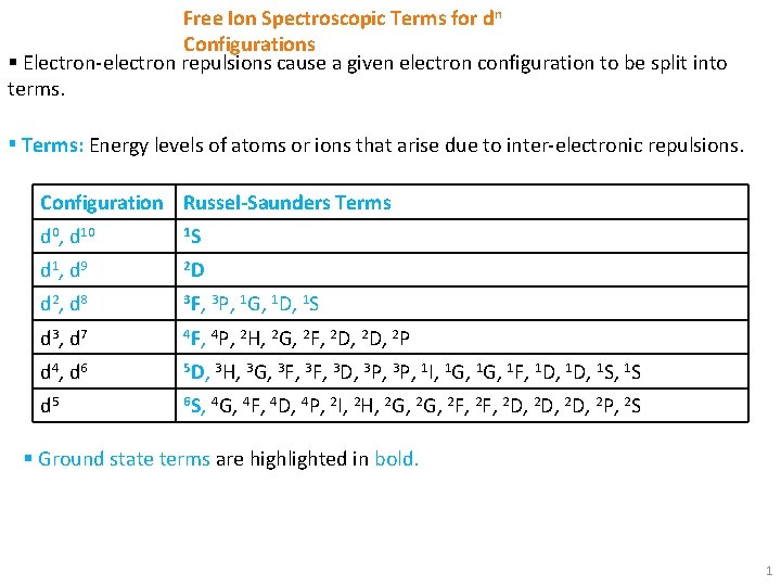 Free Ion Spectroscopic Terms for dn Configurations § Electron-electron repulsions cause a given electron