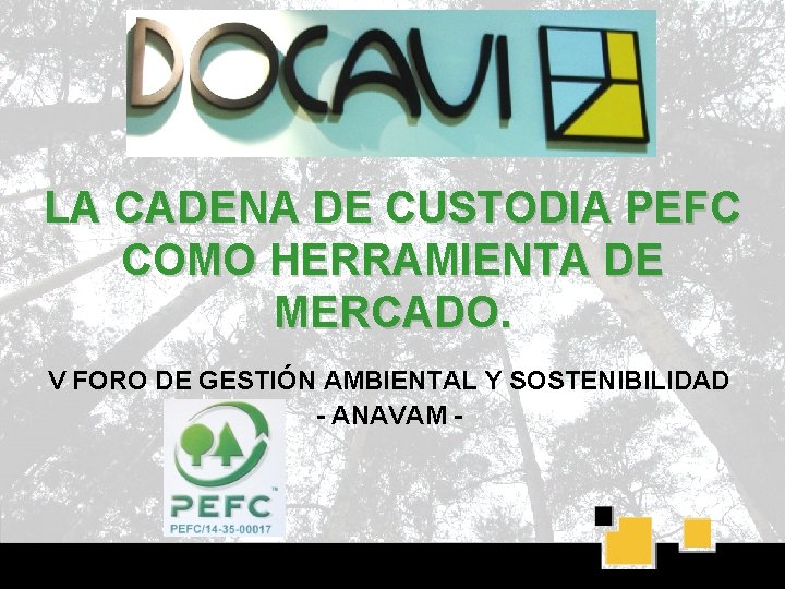 LA CADENA DE CUSTODIA PEFC COMO HERRAMIENTA DE MERCADO. V FORO DE GESTIÓN AMBIENTAL LA CADENA DE CUSTODIA PEFC COMO HERRAMIENTA DE MERCADO. V FORO DE GESTIÓN AMBIENTAL