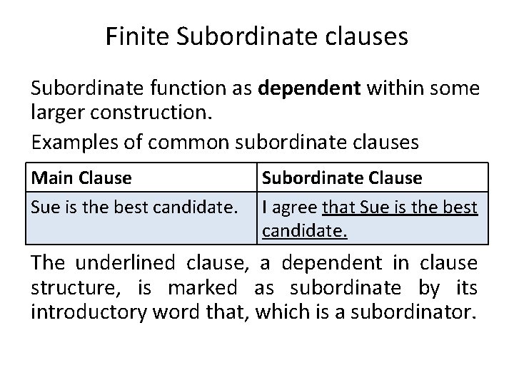 Finite Subordinate clauses Subordinate function as dependent within some larger construction. Examples of common