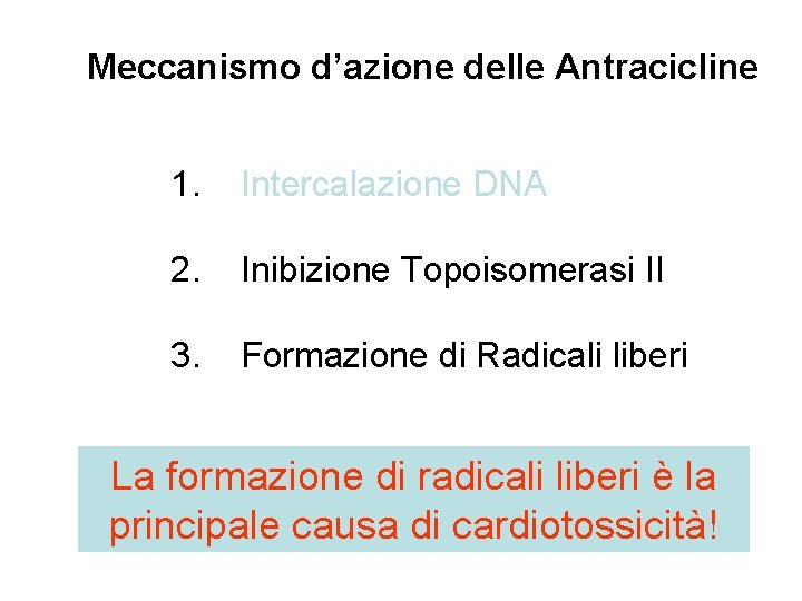 Meccanismo d’azione delle Antracicline 1. Intercalazione DNA 2. Inibizione Topoisomerasi II 3. Formazione di