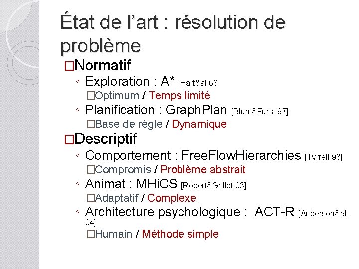 État de l’art : résolution de problème �Normatif ◦ Exploration : A* [Hart&al 68]