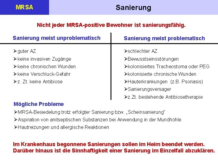 Sanierung MRSA Nicht jeder MRSA-positive Bewohner ist sanierungsfähig. Sanierung meist unproblematisch Sanierung meist problematisch