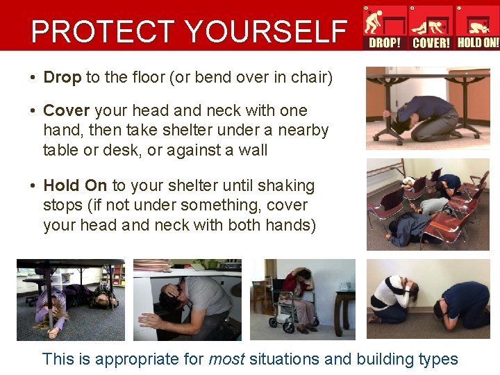 PROTECT YOURSELF • Drop to the floor (or bend over in chair) • Cover