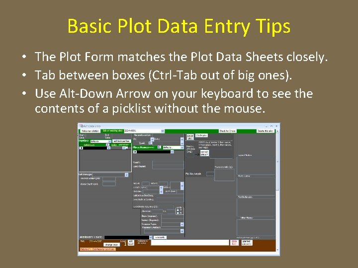 Basic Plot Data Entry Tips • The Plot Form matches the Plot Data Sheets