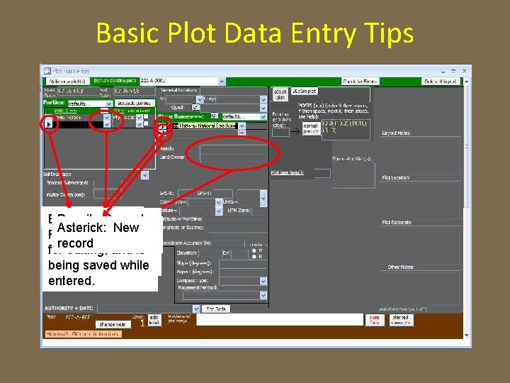 Basic Plot Data Entry Tips Any keystroke Pencil: Record Picklist: Just start Black arrow: