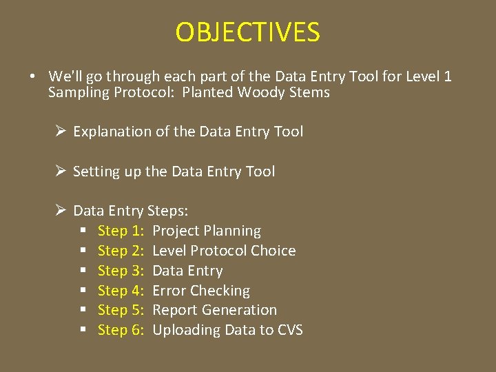 OBJECTIVES • We'll go through each part of the Data Entry Tool for Level