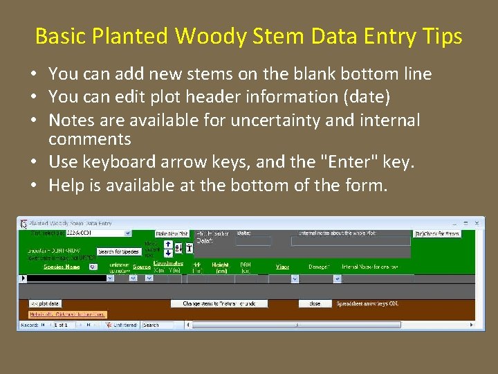 Basic Planted Woody Stem Data Entry Tips • You can add new stems on
