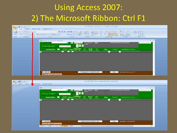 Using Access 2007: 2) The Microsoft Ribbon: Ctrl F 1 