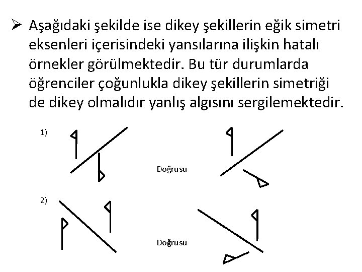 Ø Aşağıdaki şekilde ise dikey şekillerin eğik simetri eksenleri içerisindeki yansılarına ilişkin hatalı örnekler