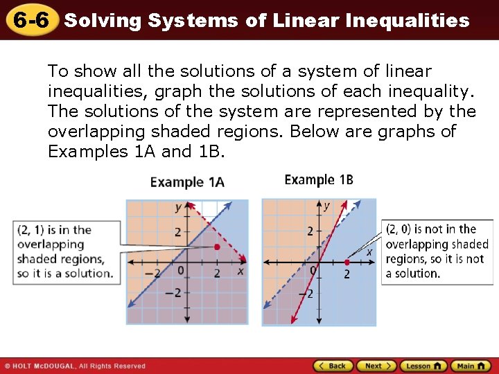 6 -6 Solving Systems of Linear Inequalities To show all the solutions of a