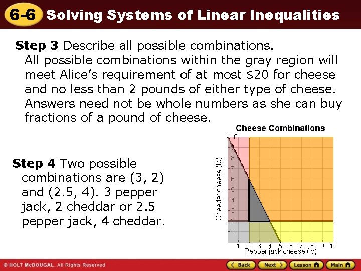 6 -6 Solving Systems of Linear Inequalities Step 3 Describe all possible combinations. All