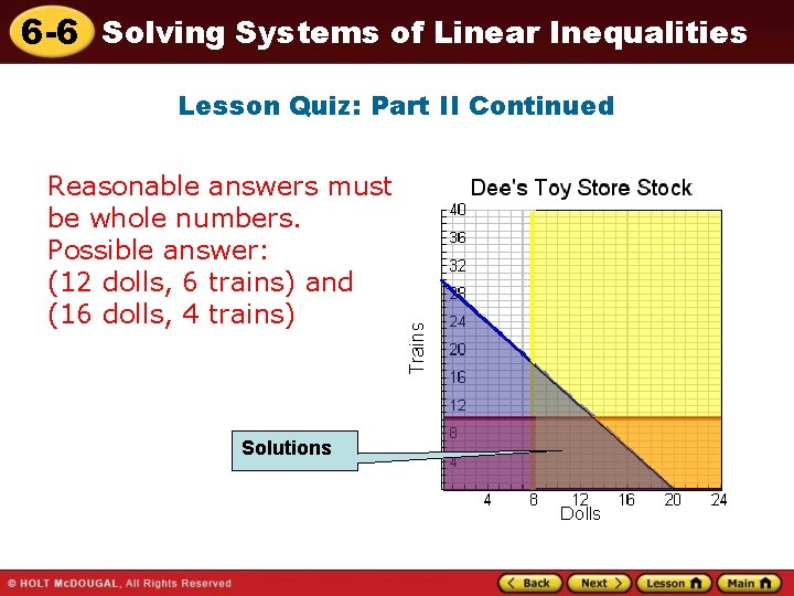 6 -6 Solving Systems of Linear Inequalities Lesson Quiz: Part II Continued Reasonable answers