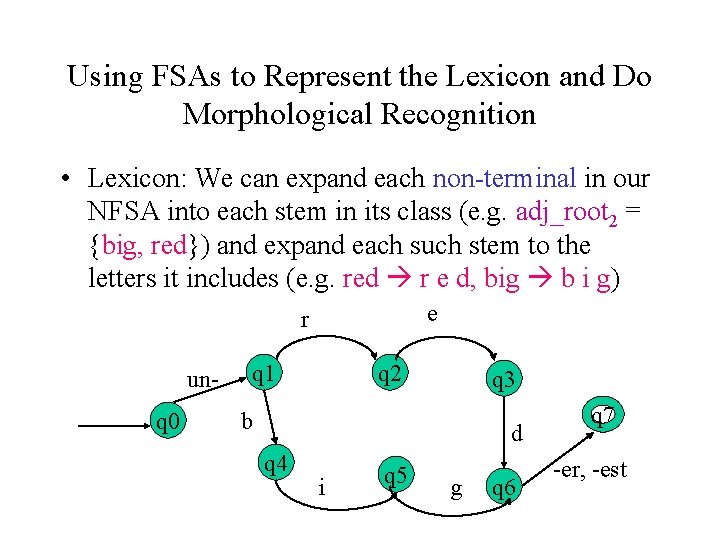 Using FSAs to Represent the Lexicon and Do Morphological Recognition • Lexicon: We can Using FSAs to Represent the Lexicon and Do Morphological Recognition • Lexicon: We can