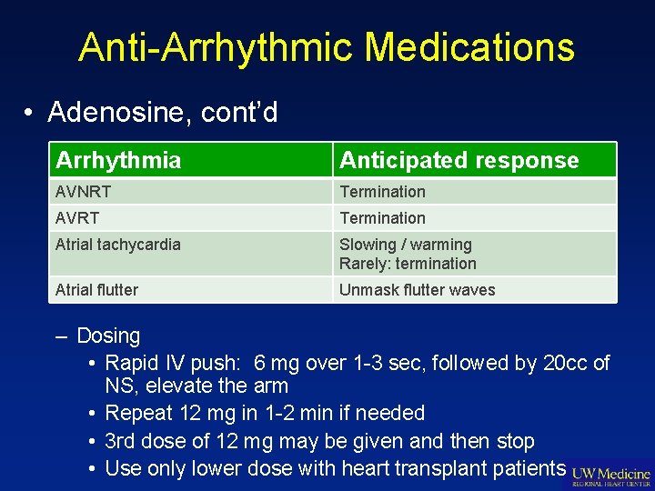 Anti-Arrhythmic Medications • Adenosine, cont’d Arrhythmia Anticipated response AVNRT Termination AVRT Termination Atrial tachycardia