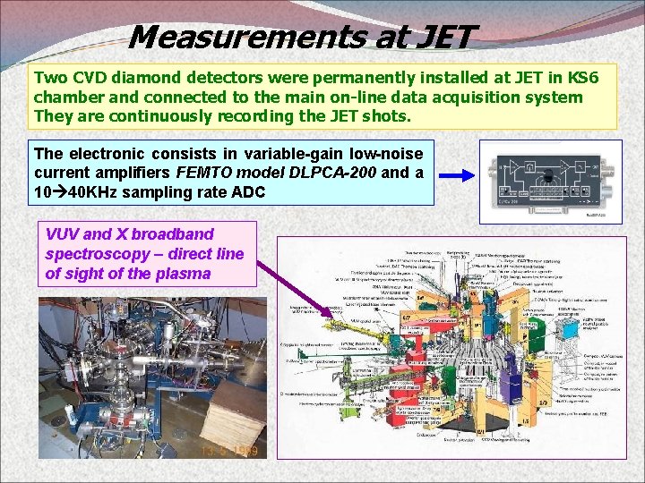 Measurements at JET Two CVD diamond detectors were permanently installed at JET in KS