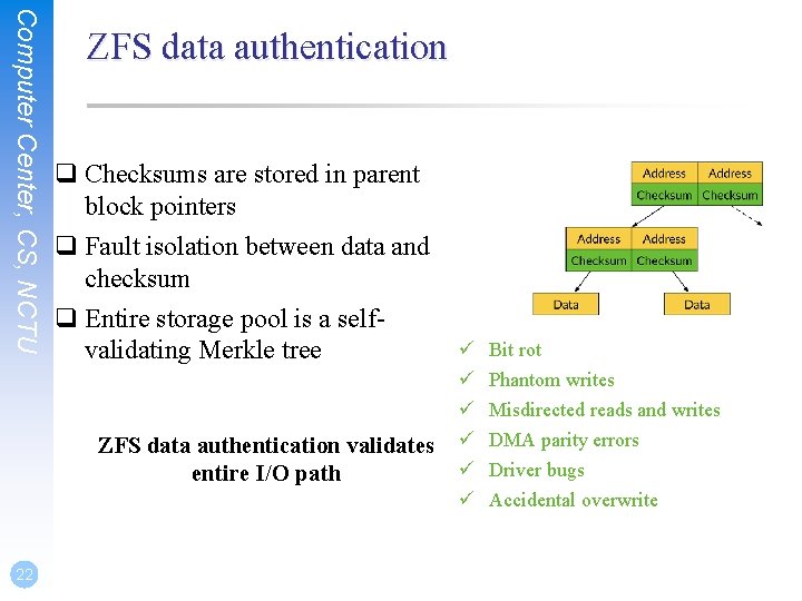 Computer Center, CS, NCTU ZFS data authentication q Checksums are stored in parent block