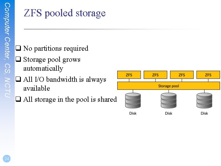 Computer Center, CS, NCTU 24 ZFS pooled storage q No partitions required q Storage