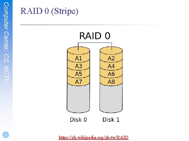 Computer Center, CS, NCTU 5 RAID 0 (Stripe) https: //zh. wikipedia. org/zh-tw/RAID 
