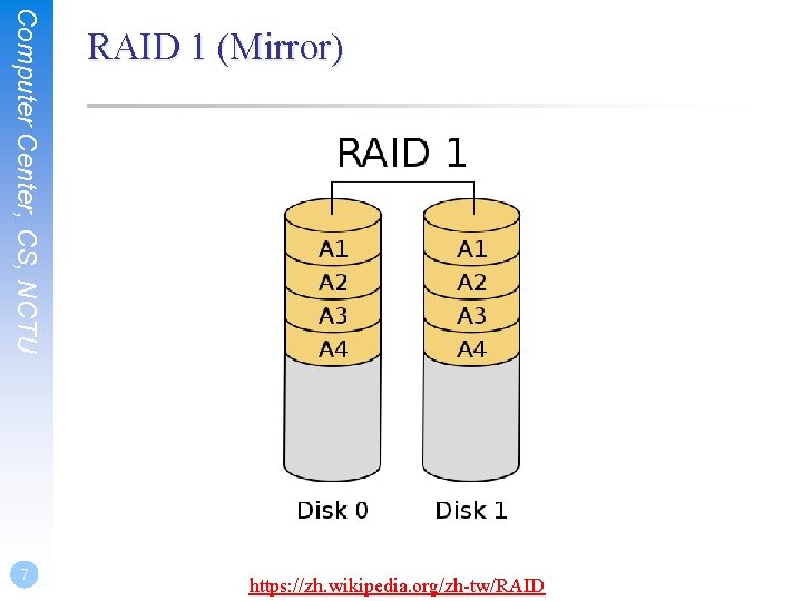 Computer Center, CS, NCTU 7 RAID 1 (Mirror) https: //zh. wikipedia. org/zh-tw/RAID 