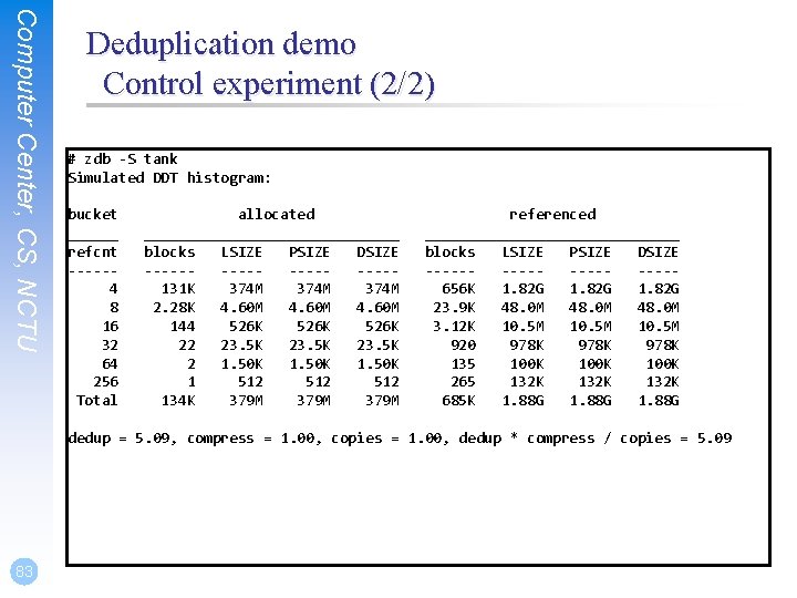 Computer Center, CS, NCTU Deduplication demo Control experiment (2/2) # zdb -S tank Simulated