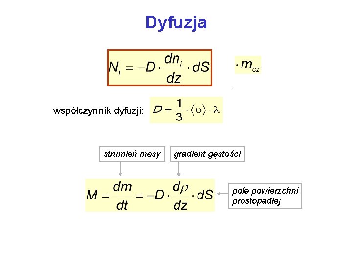 Dyfuzja współczynnik dyfuzji: strumień masy gradient gęstości pole powierzchni prostopadłej Dyfuzja współczynnik dyfuzji: strumień masy gradient gęstości pole powierzchni prostopadłej