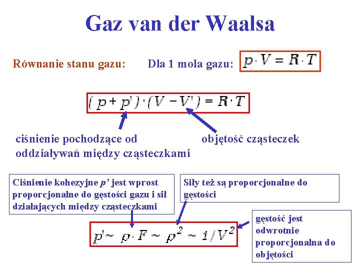 Gaz van der Waalsa Równanie stanu gazu: Dla 1 mola gazu: objętość cząsteczek ciśnienie