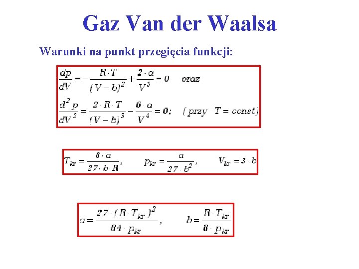 Gaz Van der Waalsa Warunki na punkt przegięcia funkcji: 