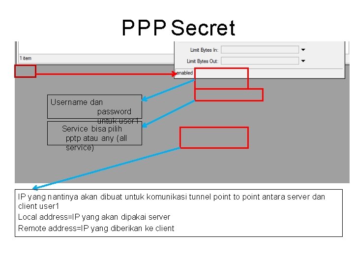 PPP Secret Username dan password untuk user 1 Service bisa pilih pptp atau any