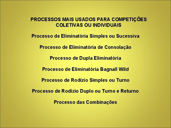 PROCESSOS MAIS USADOS PARA COMPETIÇÕES COLETIVAS OU INDIVIDUAIS Processo de Eliminatória Simples ou PROCESSOS MAIS USADOS PARA COMPETIÇÕES COLETIVAS OU INDIVIDUAIS Processo de Eliminatória Simples ou