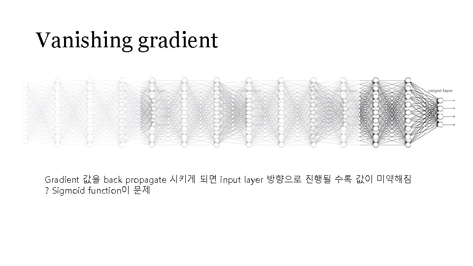 Vanishing gradient Gradient 값을 back propagate 시키게 되면 input layer 방향으로 진행될 수록 값이