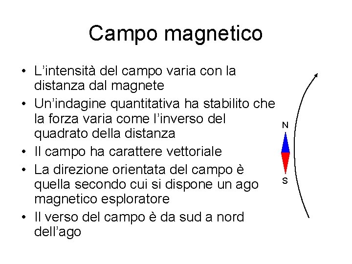 Campo magnetico • L’intensità del campo varia con la distanza dal magnete • Un’indagine Campo magnetico • L’intensità del campo varia con la distanza dal magnete • Un’indagine