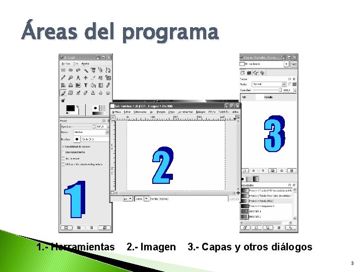 Áreas del programa 1. - Herramientas 2. - Imagen 3. - Capas y otros