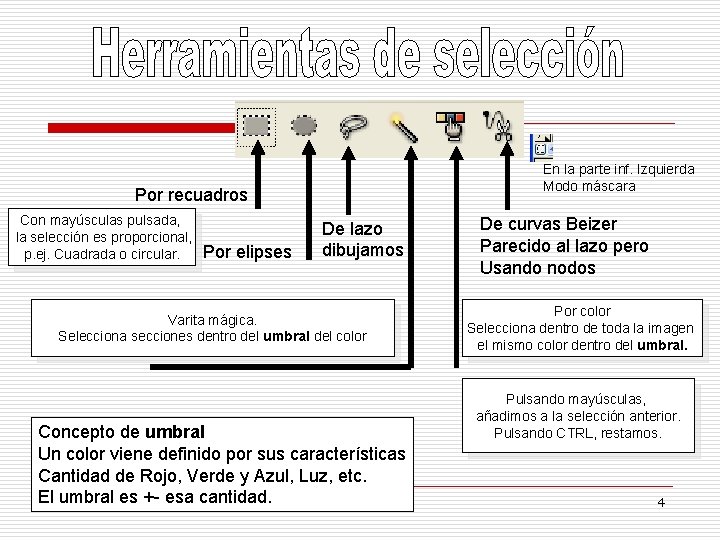 En la parte inf. Izquierda Modo máscara Por recuadros Con mayúsculas pulsada, la selección