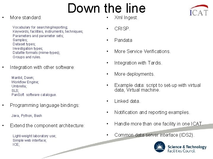 • More standard: Down the line Vocabulary for searching/reporting; Keywords, facilities, instruments, techniques; • More standard: Down the line Vocabulary for searching/reporting; Keywords, facilities, instruments, techniques;