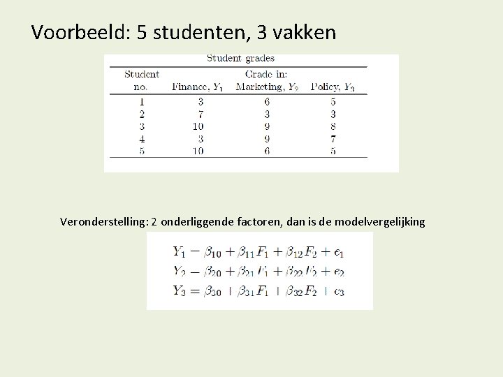 Voorbeeld: 5 studenten, 3 vakken Veronderstelling: 2 onderliggende factoren, dan is de modelvergelijking 