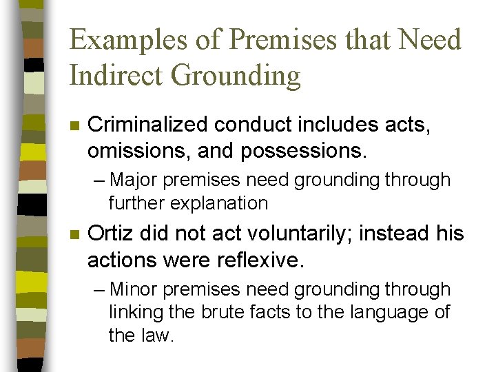 Examples of Premises that Need Indirect Grounding n Criminalized conduct includes acts, omissions, and