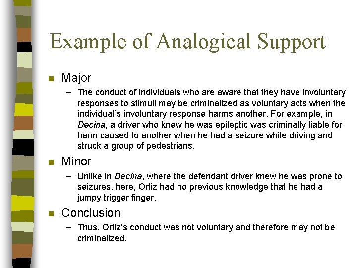 Example of Analogical Support n Major – The conduct of individuals who are aware